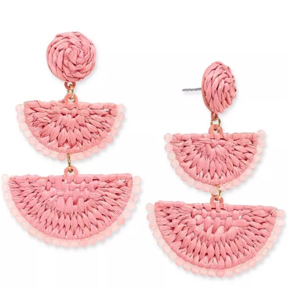 On 34th Raffia Drop Earrings Gold Tone Stone Bead & Woven NWT - Picture 1 of 2